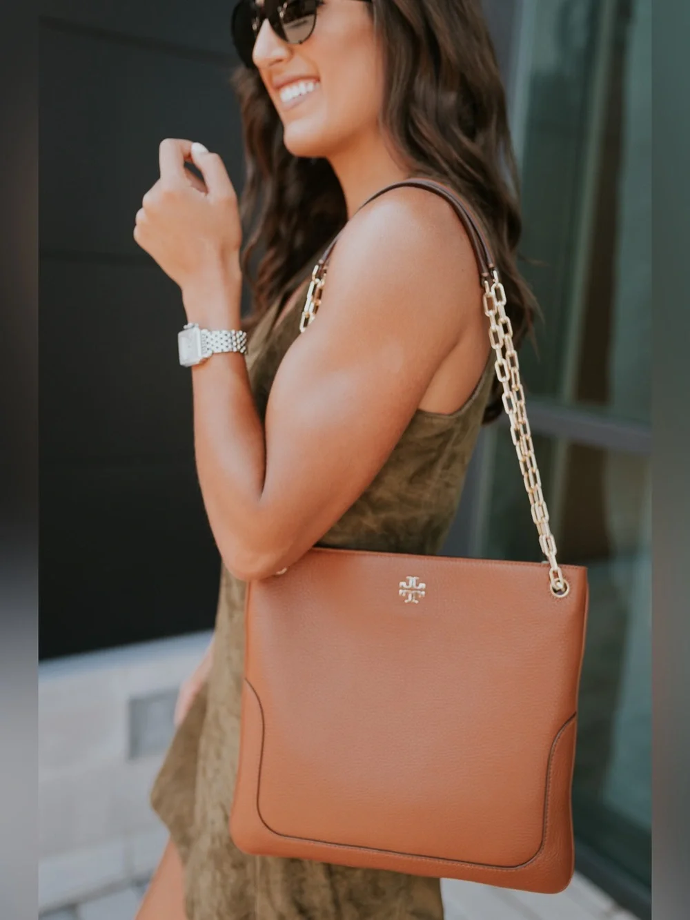 Tory Burch Marsden Swingpack Nut Brown Gold Leather Shoulder Crossbody Bag $428
